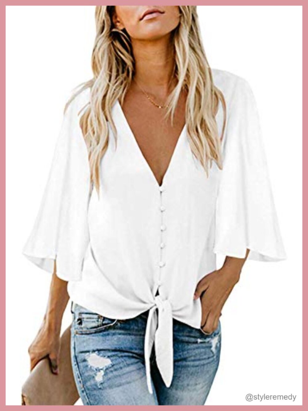 Womens Button Down V Neck Tie Knot Front Chiffon Blouse Loose Fit Office Top